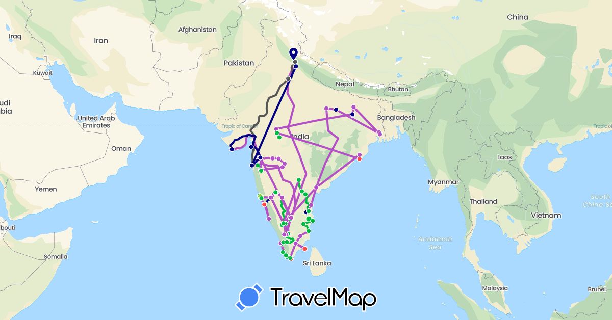TravelMap itinerary: driving, bus, train, hiking, boat, motorbike, electric vehicle in India (Asia)